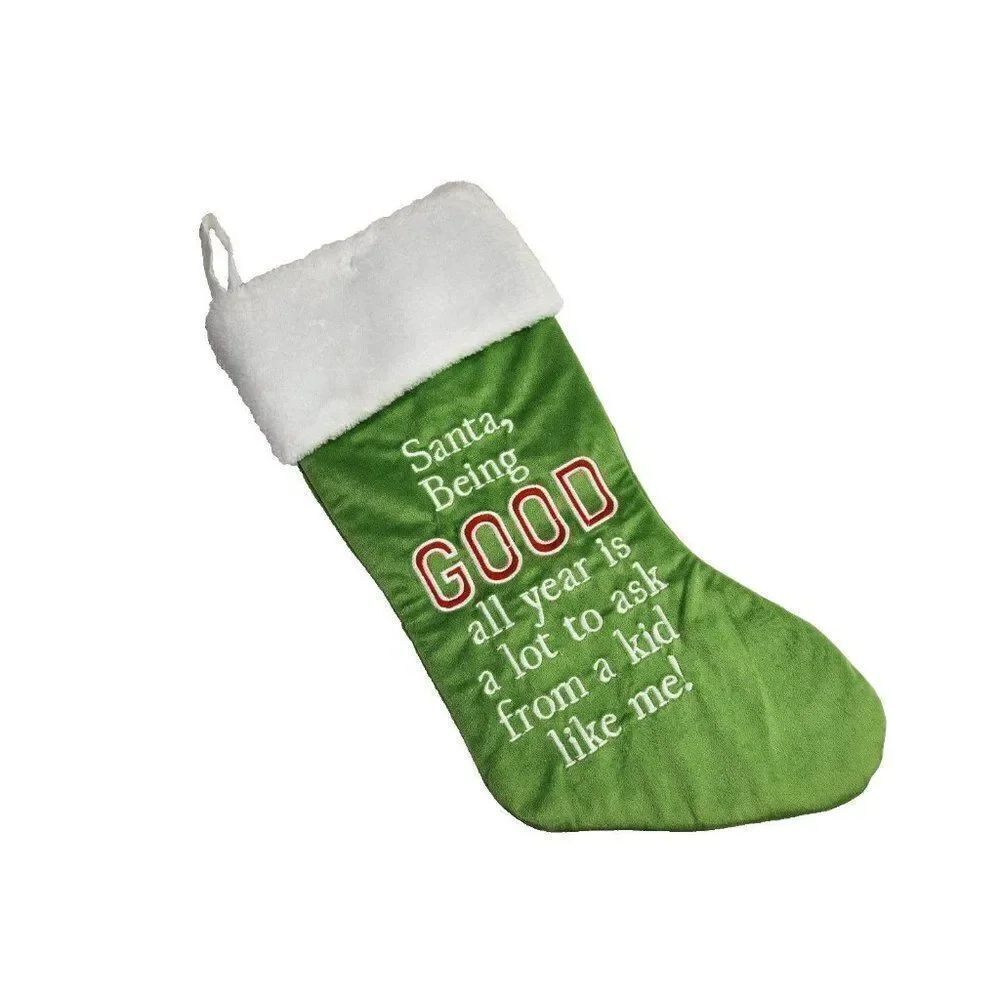 Holiday Christmas Green Stocking Velvet Santa Being Good Is A Lot To Ask